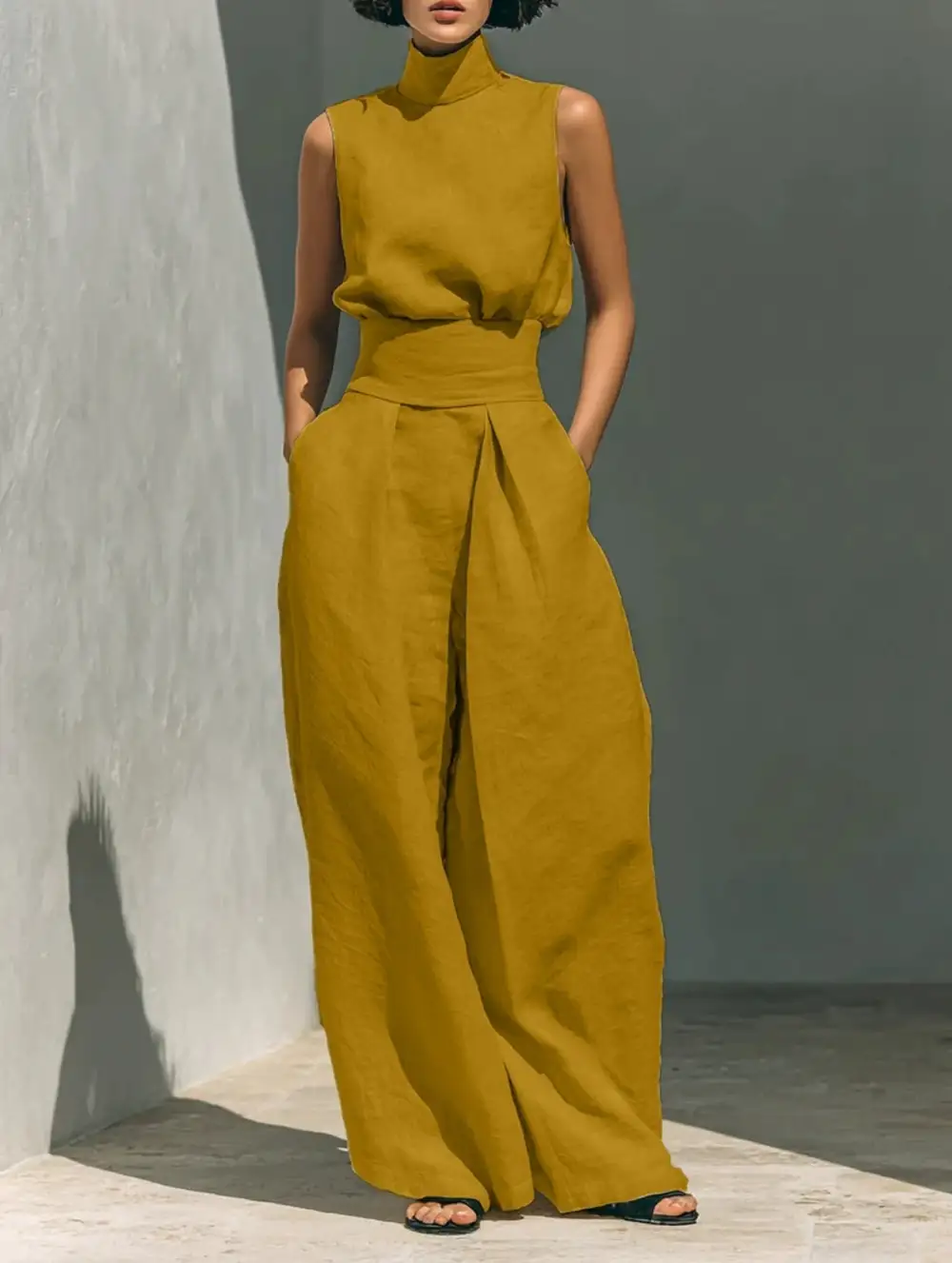 Classic Wide-Leg Sleeveless Linen Women's Matching Set