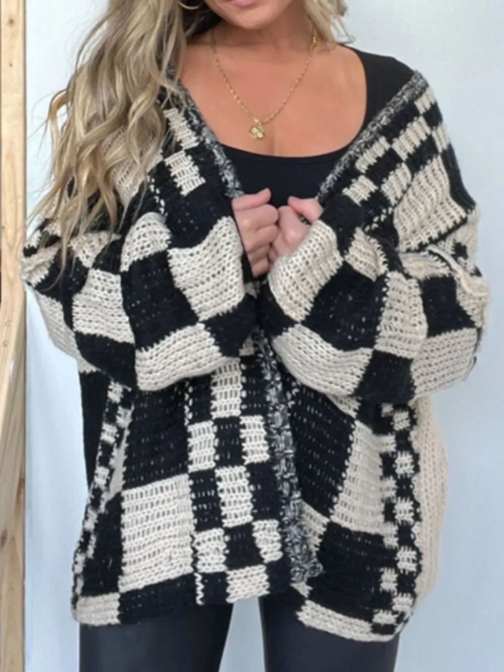 Plaid Open-Front Long-Sleeve Cardigan