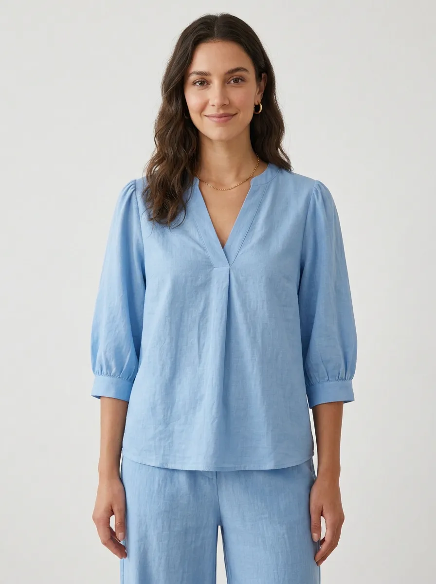 Short-Sleeve Puff-Sleeve Minimalist Women's V-Neck Casual Lounge Set