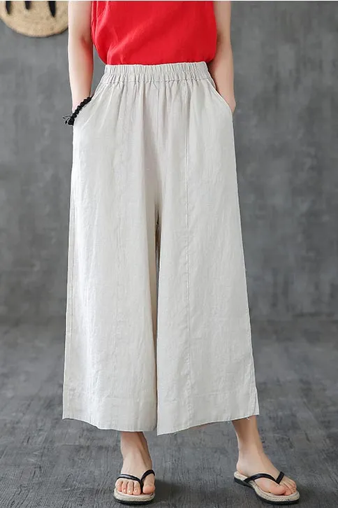 Tailored Linen Wide Leg Elastic Waist Pocketed Trousers