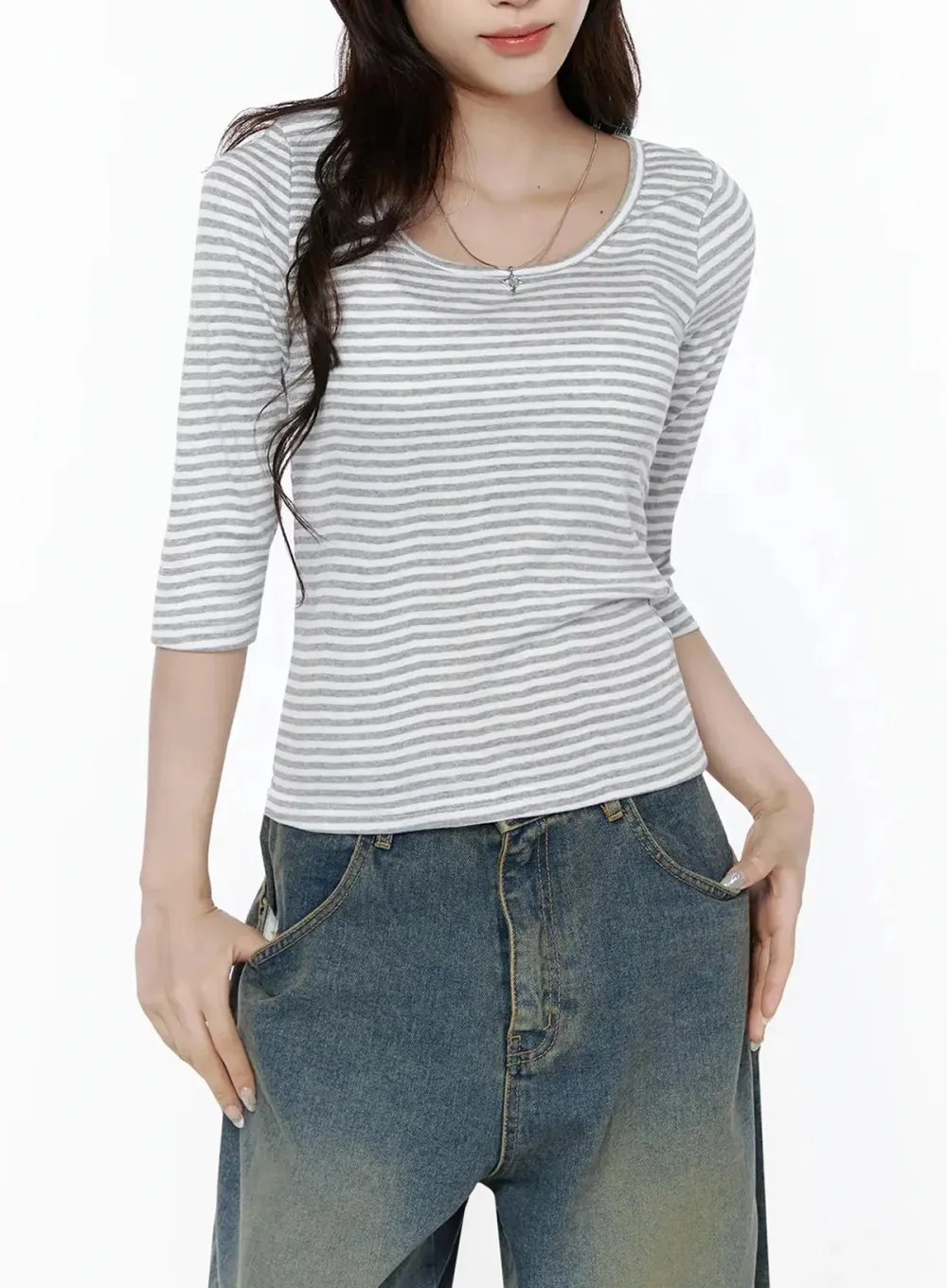 Striped Three-Quarter Long Sleeve Top