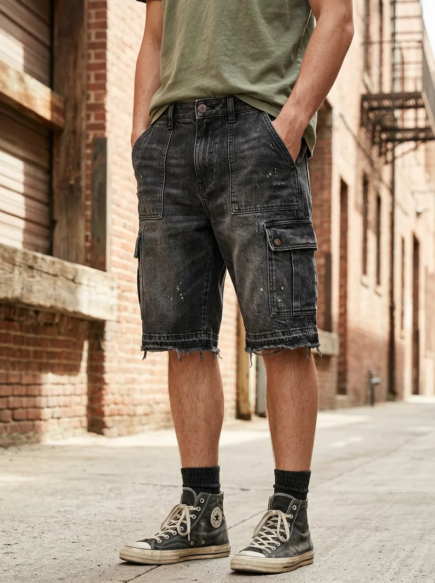 Men's Distressed Black Denim Paint Splatter Cargo Shorts
