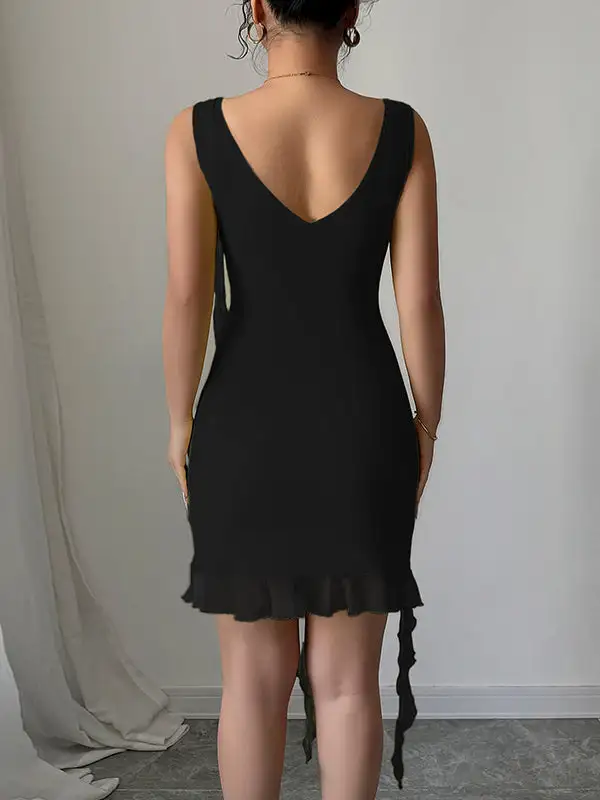 Pleated Solid Color Bodycon High Waisted V Neck Mini Dress