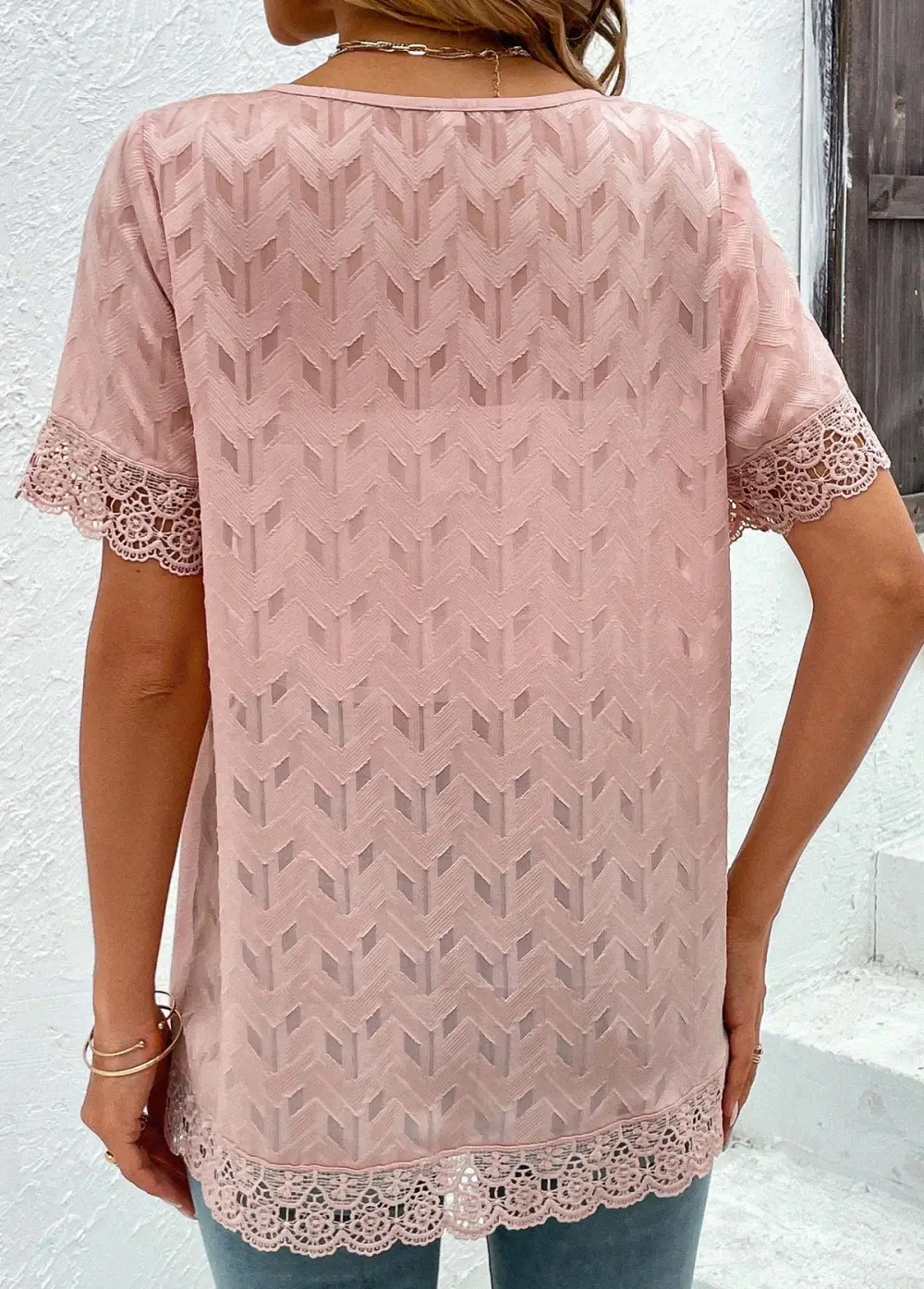 Pink Lace Short Sleeve Round Neck Topper