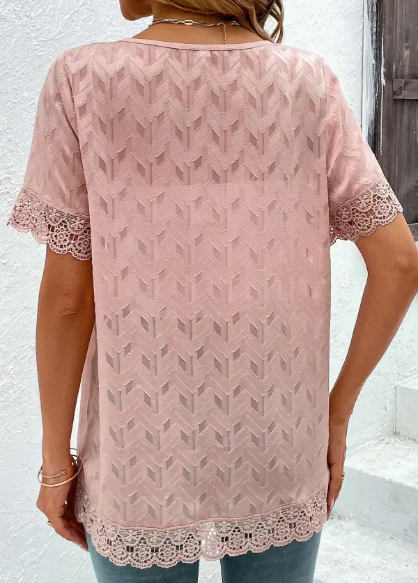 Pink Lace Short Sleeve Round Neck Topper