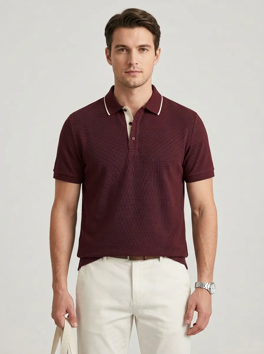 Men's Navy Blue Contrast Collar Textured Polo Shirt