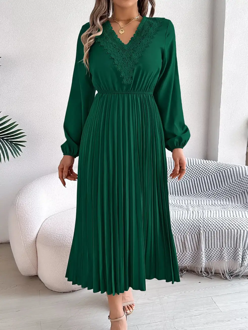 Lace V Neck Pleated Dress Casual