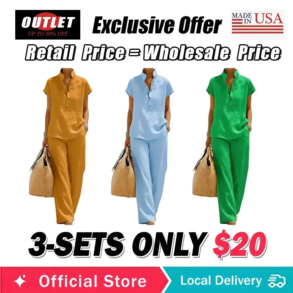 Women's Summer Solid Color Linen Cotton Short Sleeve + Long Pants Set