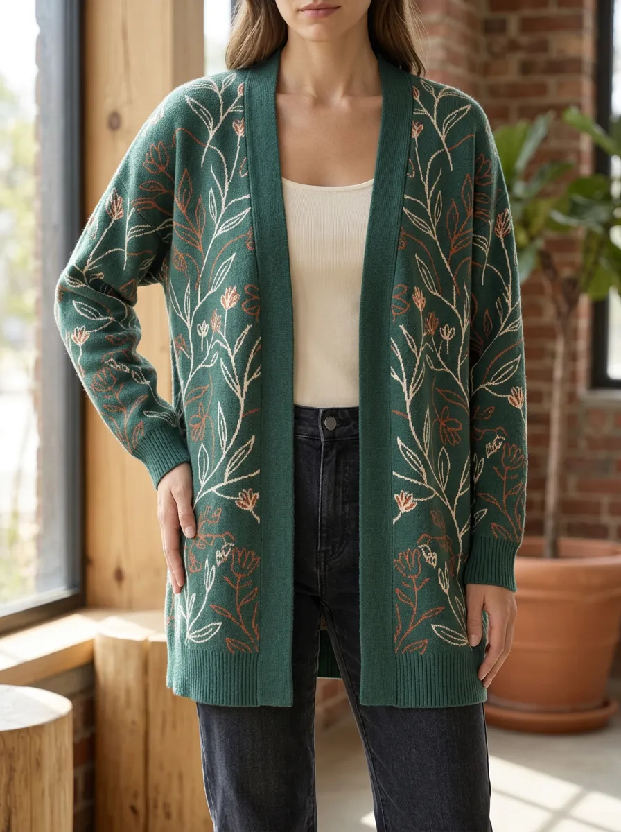 Women's Botanical Nature Lover Floral Printed Long Sleeve Everyday Layering Cardigan