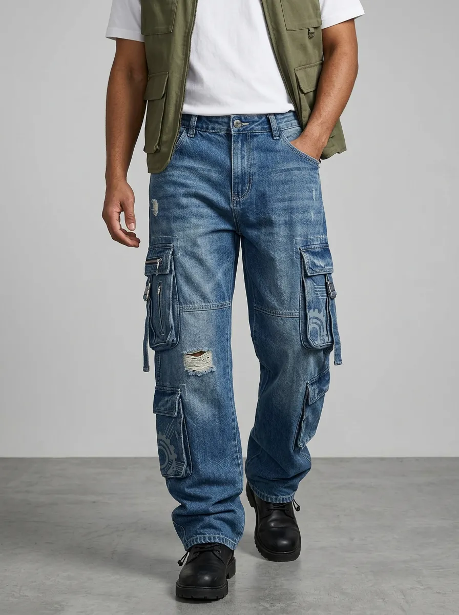 Men's Streetwear Gear Printed Distressed Denim Cargo Jeans