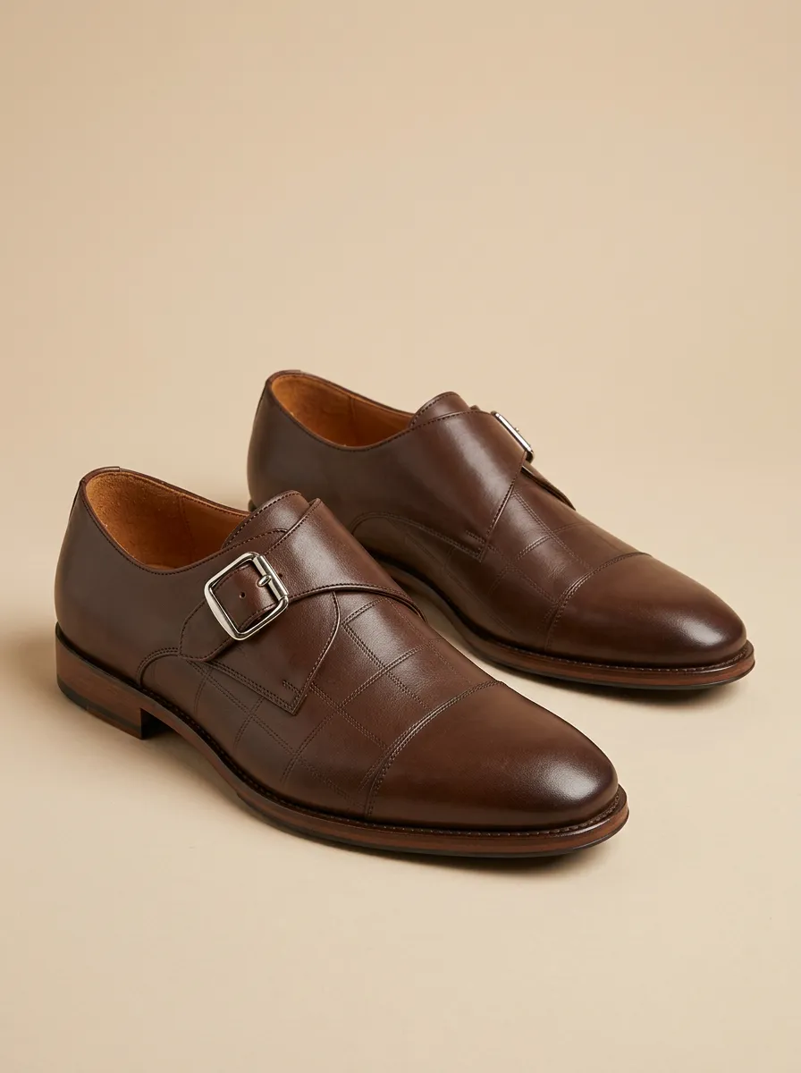 Men's Business Formal Grid Patterned Monk Strap Leather Shoes