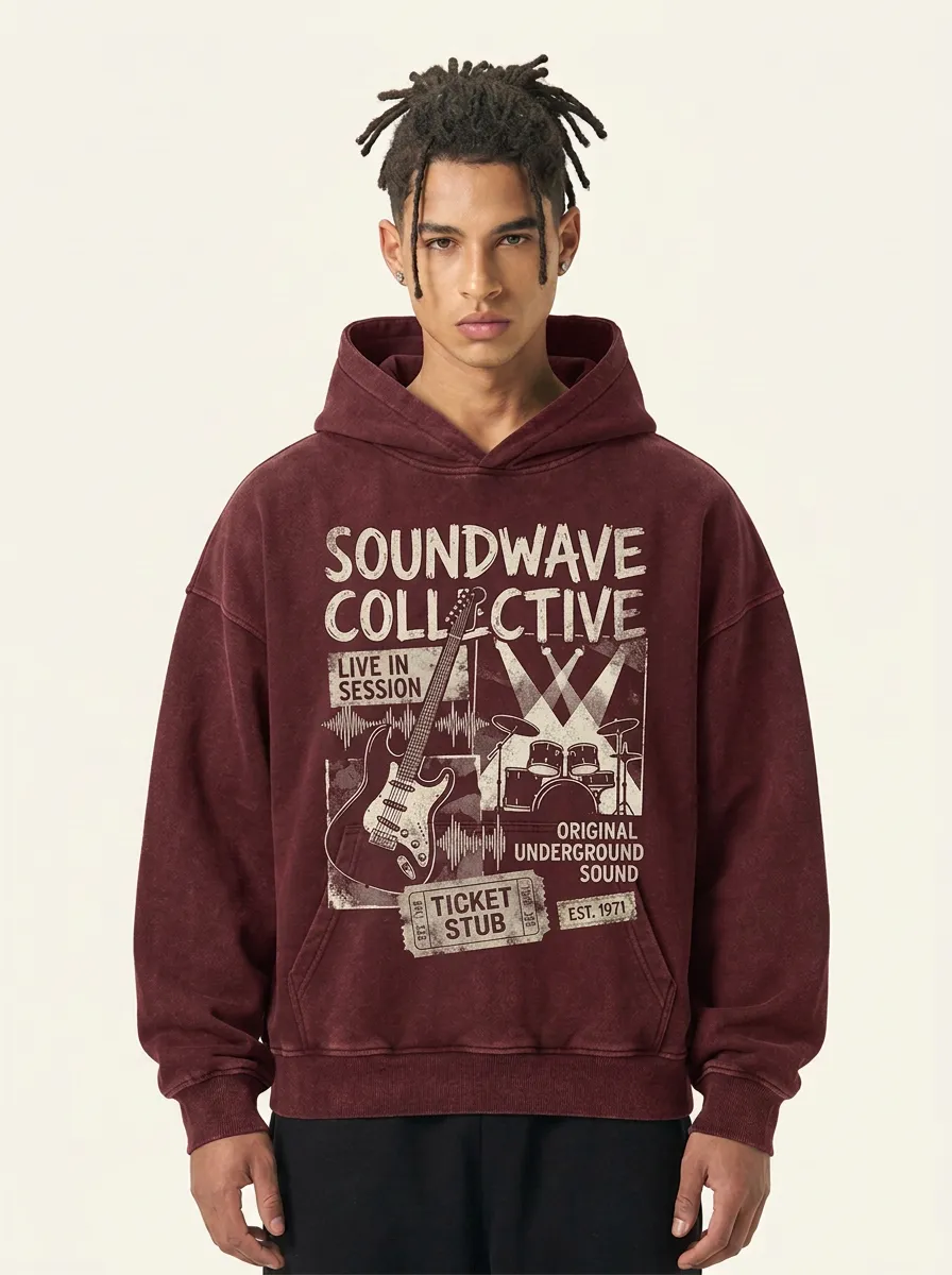 Men's Rock Band Music Lover Guitar Drum Printed Hoodie
