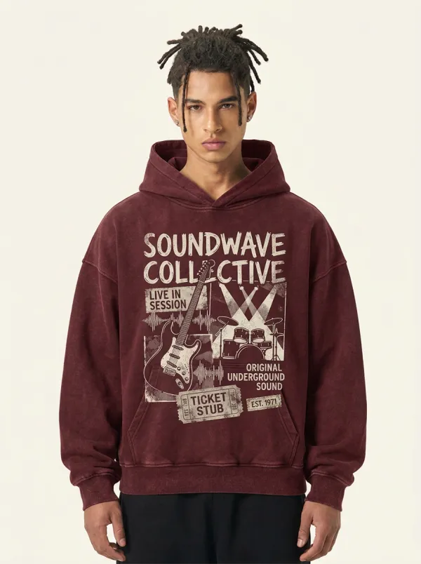 Men's Rock Band Music Lover Guitar Drum Printed Hoodie