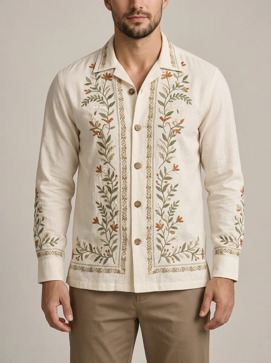 Men's Relaxed Linen Floral Boho Embroidered Shirt