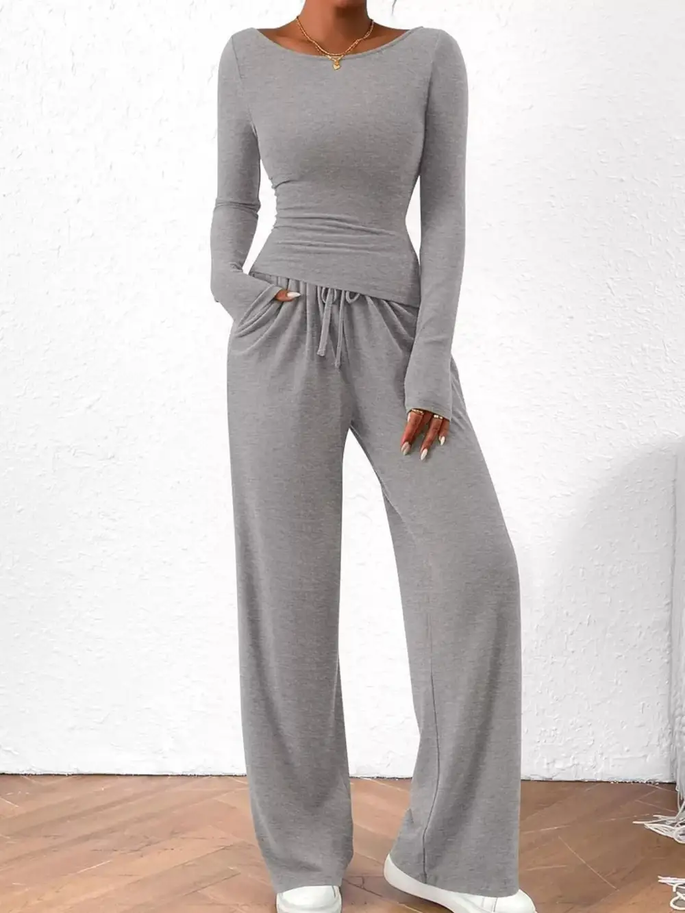 Relaxed Long Sleeve Top and Wide Leg Pants Set