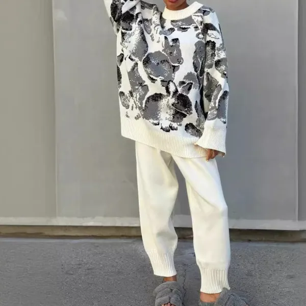 Decorative Color Block Sweater And Straight Leg Pants Set