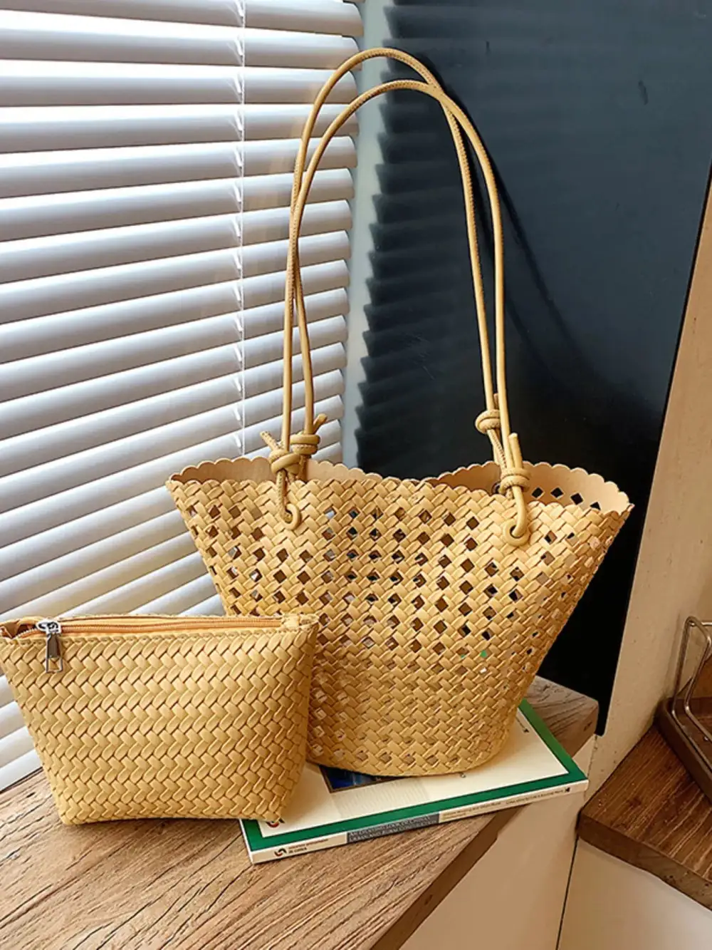 Women's Structured Woven Leather-Look Shoulder Bag