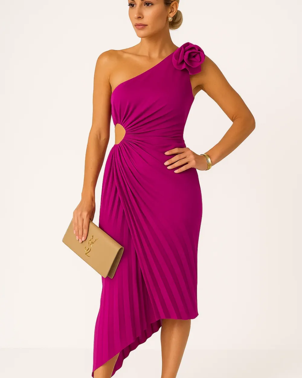 One Shoulder Pleated Midi Dress