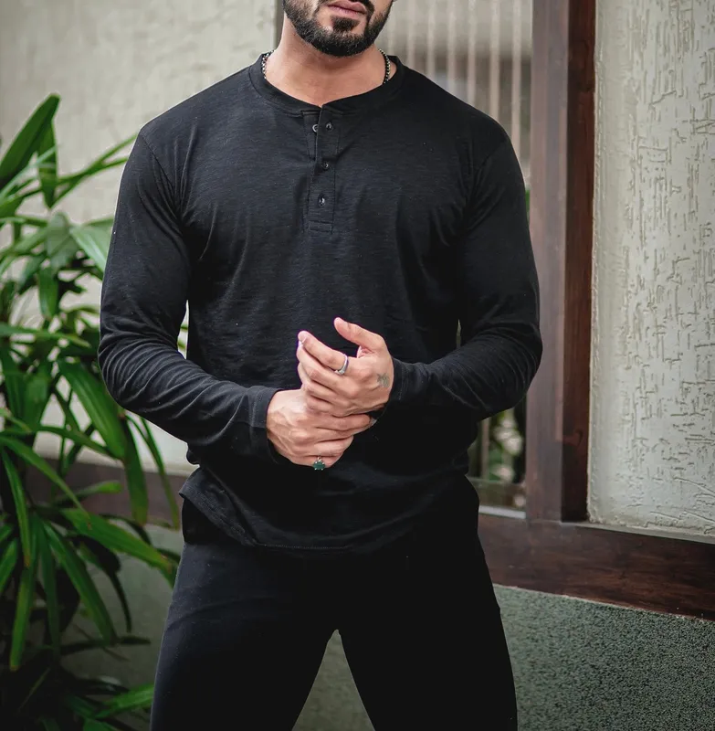 Black Henley Neck Long Sleeve Casual Top