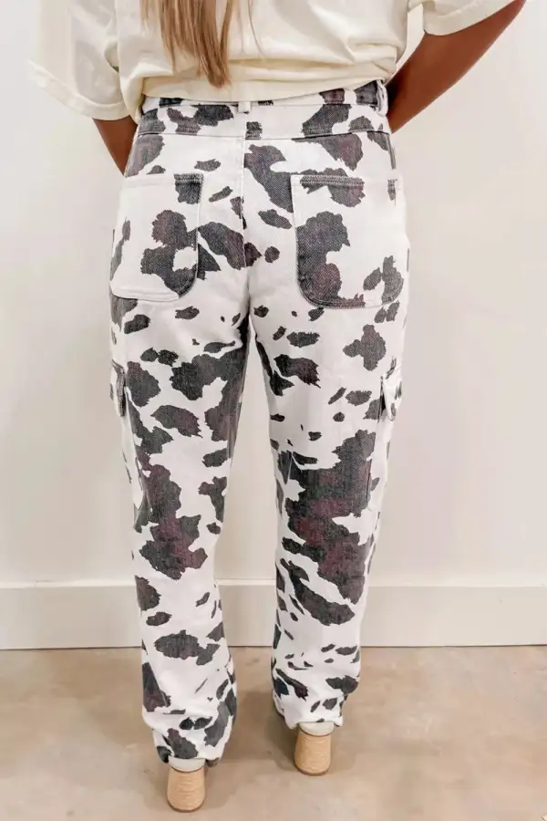Denim Cow Print Pocketed Jeans