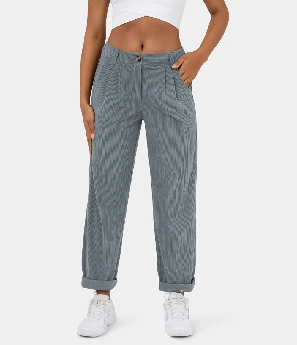 Mid Rise Button Zipper Side Pocket Corduroy Casual Pants