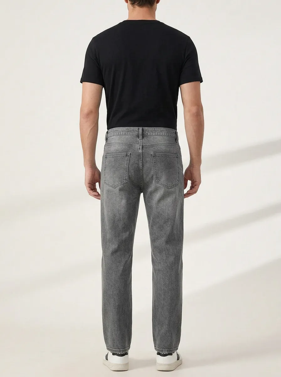 Men's Casual Fashion Grey Patchwork Printed Straight Jeans
