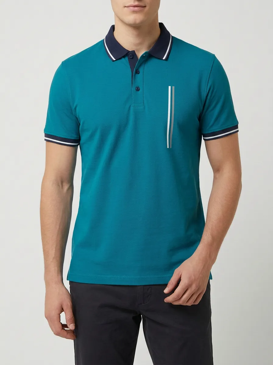 Men's Casual Striped Detail Contrast Collar Printed Polo Shirt