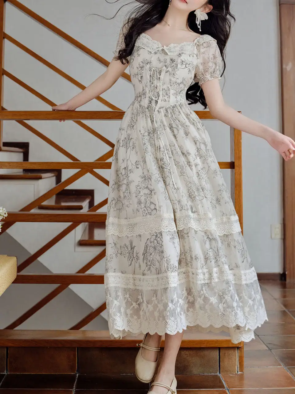 Lace Corset Crew Neck Long Dress