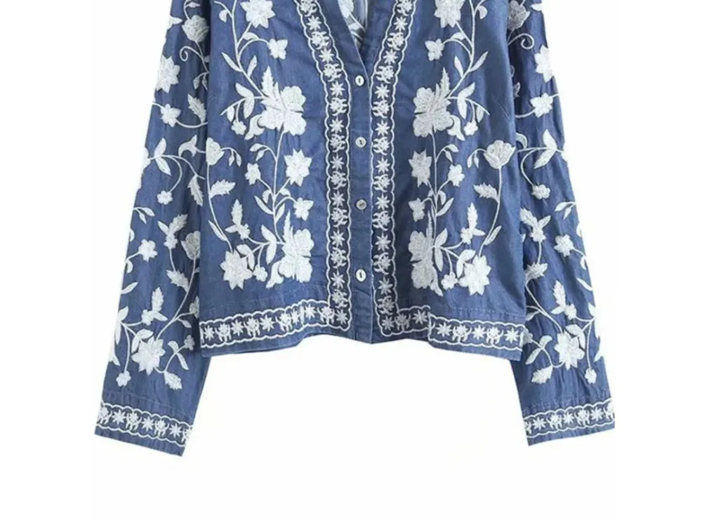 Floral Embroidered Button-Up Denim Shirt