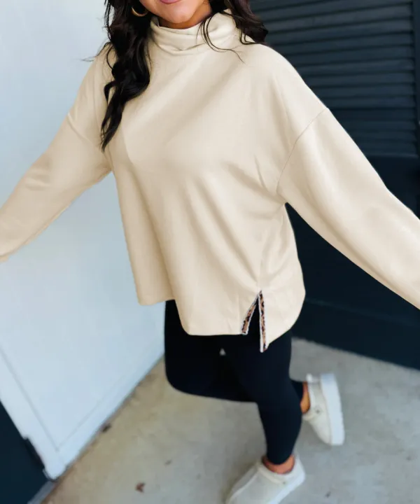 Leopard Print Split Hem Relaxed Viscose Blend Long Sleeve Top