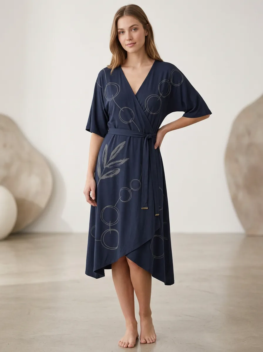 Women's Abstract Botanical Circle Printed Wrap Dress