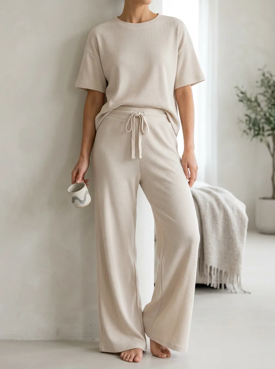 Everyday Waffle Knit Wide Leg Shape Women's T-Shirt and Wide Leg Lounge Set