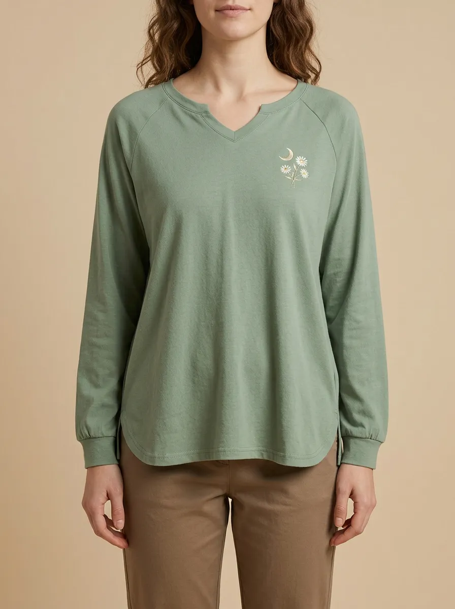 Women's Floral Embroidered Raglan Long-Sleeve Top