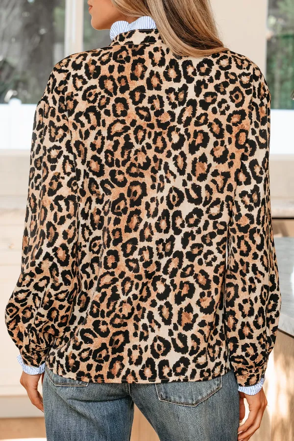 Women's Striped Leopard Print Frilled Blouse