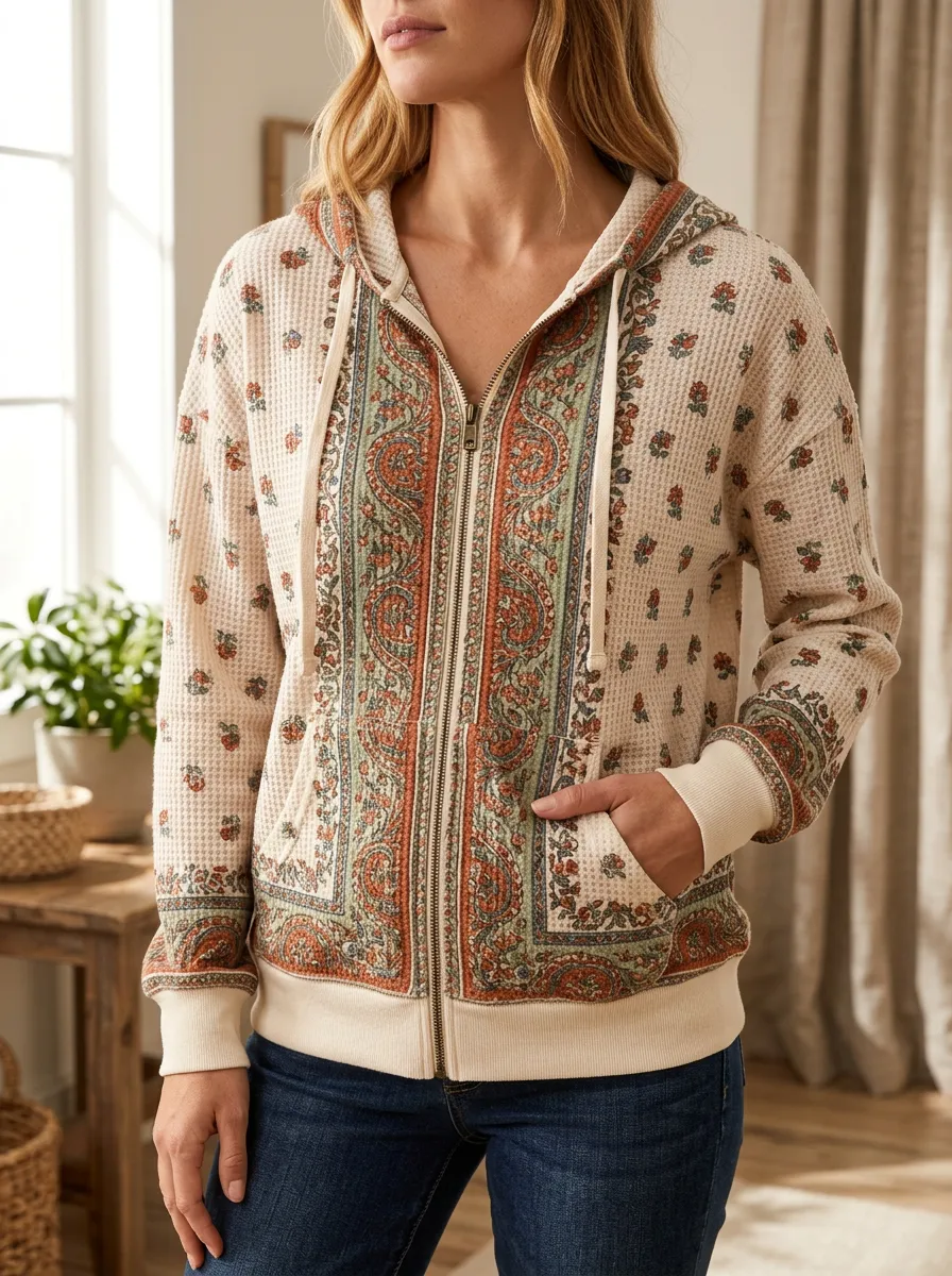 Women's Boho Paisley Floral Signature Motif Waffle Zip-Up Hoodie