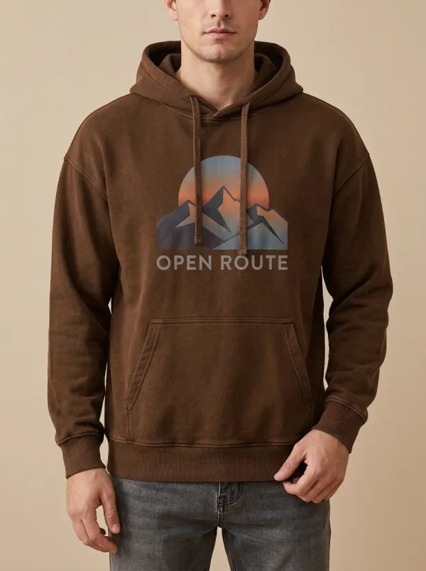 Men's Outdoor Adventure Open Route Mountain Sunset Print Hoodie