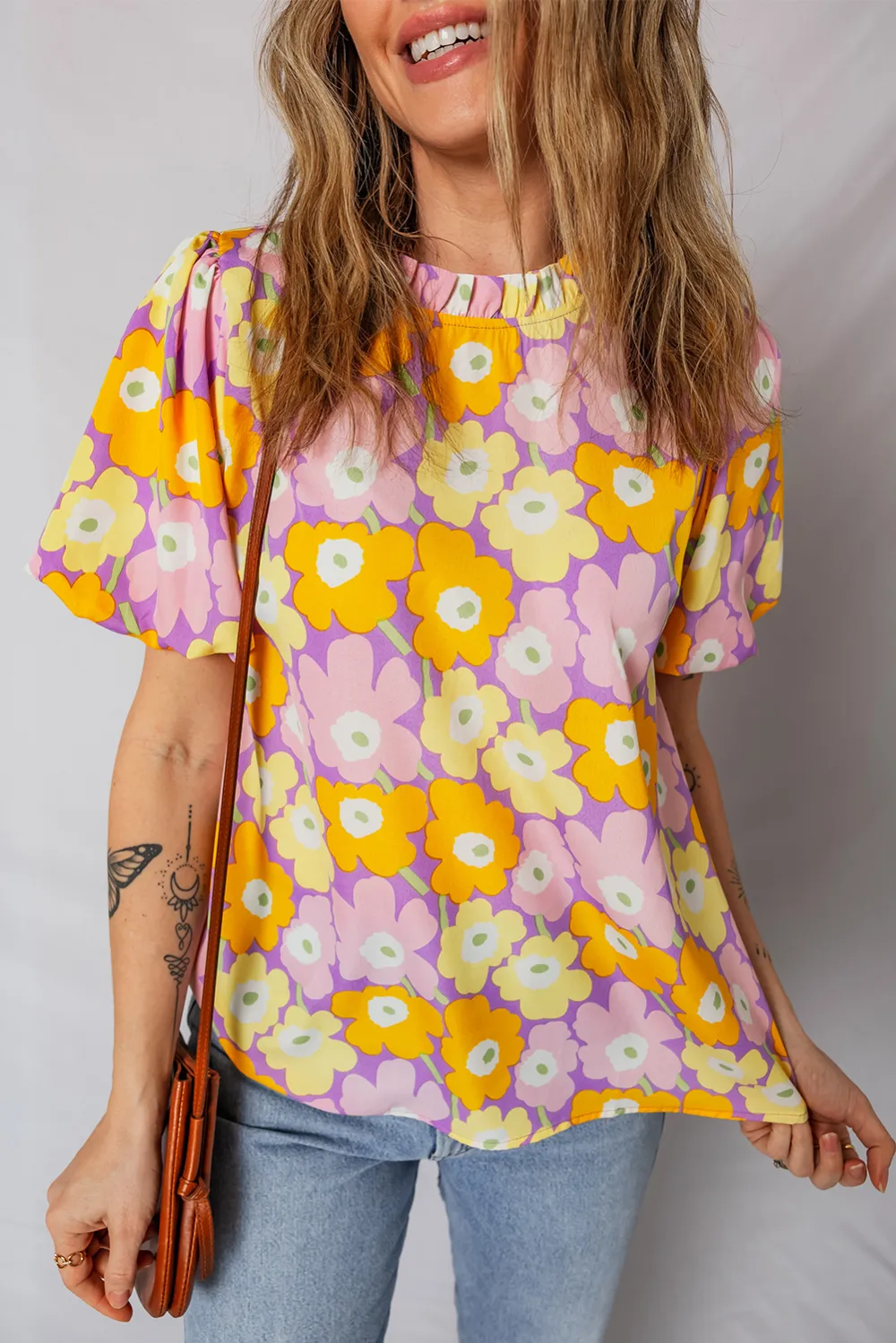 Purple Frilled Neck Puff Short Sleeve Top
