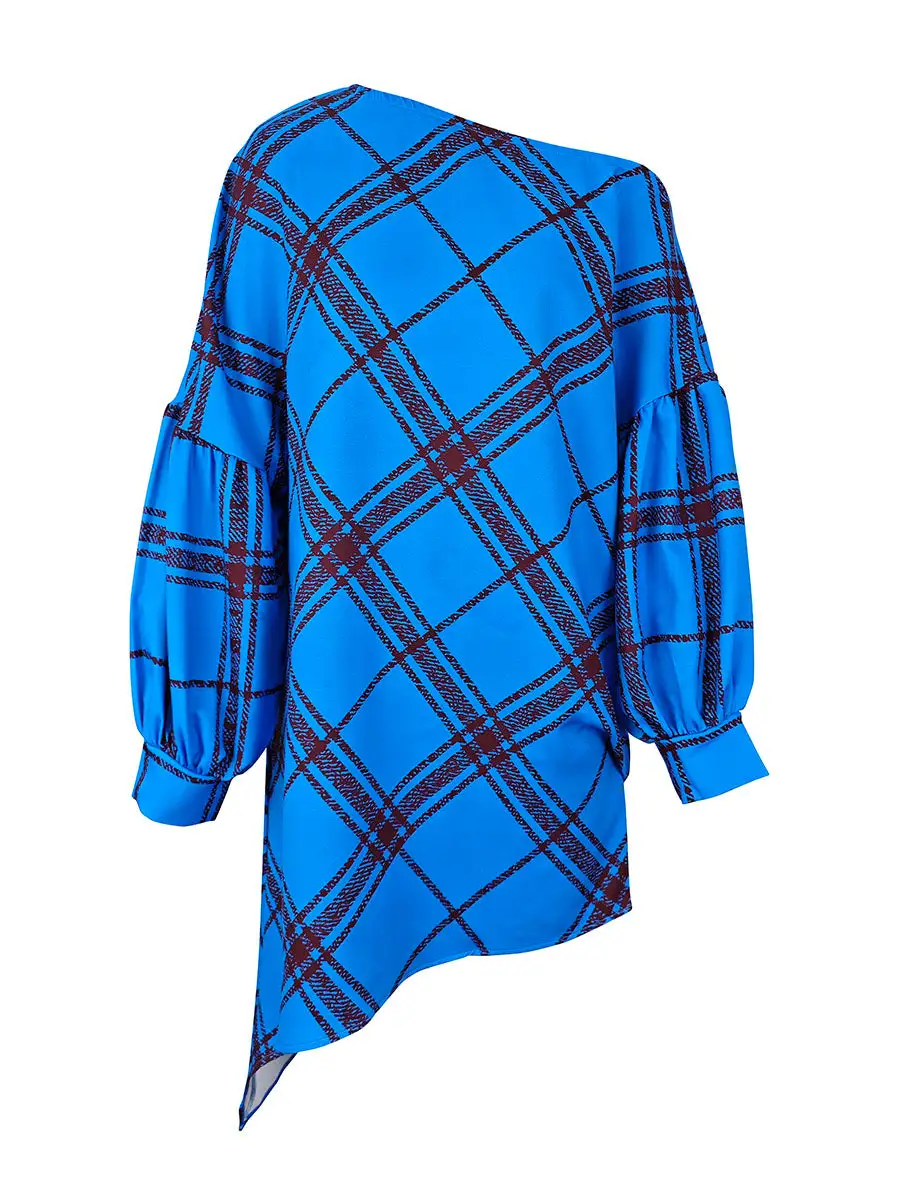 Long Sleeve Puff Sleeve Asymmetric Contrast Color Plaid Pleated One Shoulder