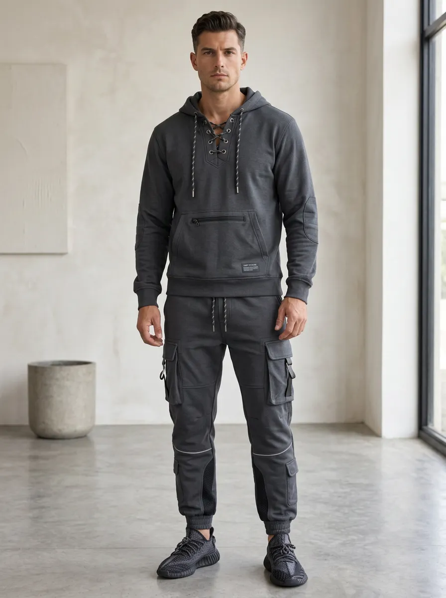 Resort-Inspired Lace-Up Multi Pocket Detail Men's Lace Up Hoodie And Cargo Jogger Set