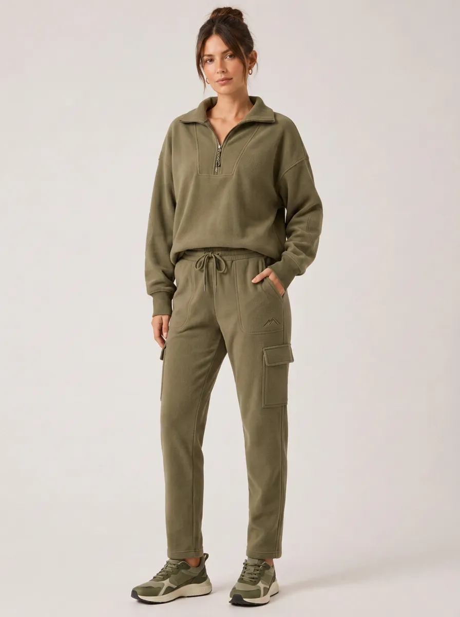 Women's Olive Quarter-Zip Fleece Pullover and Cargo Jogger Set