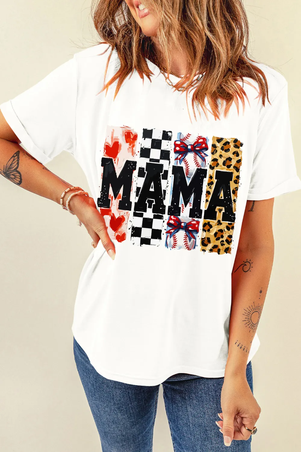 White Mama Baseball Leopard Checkered Tee
