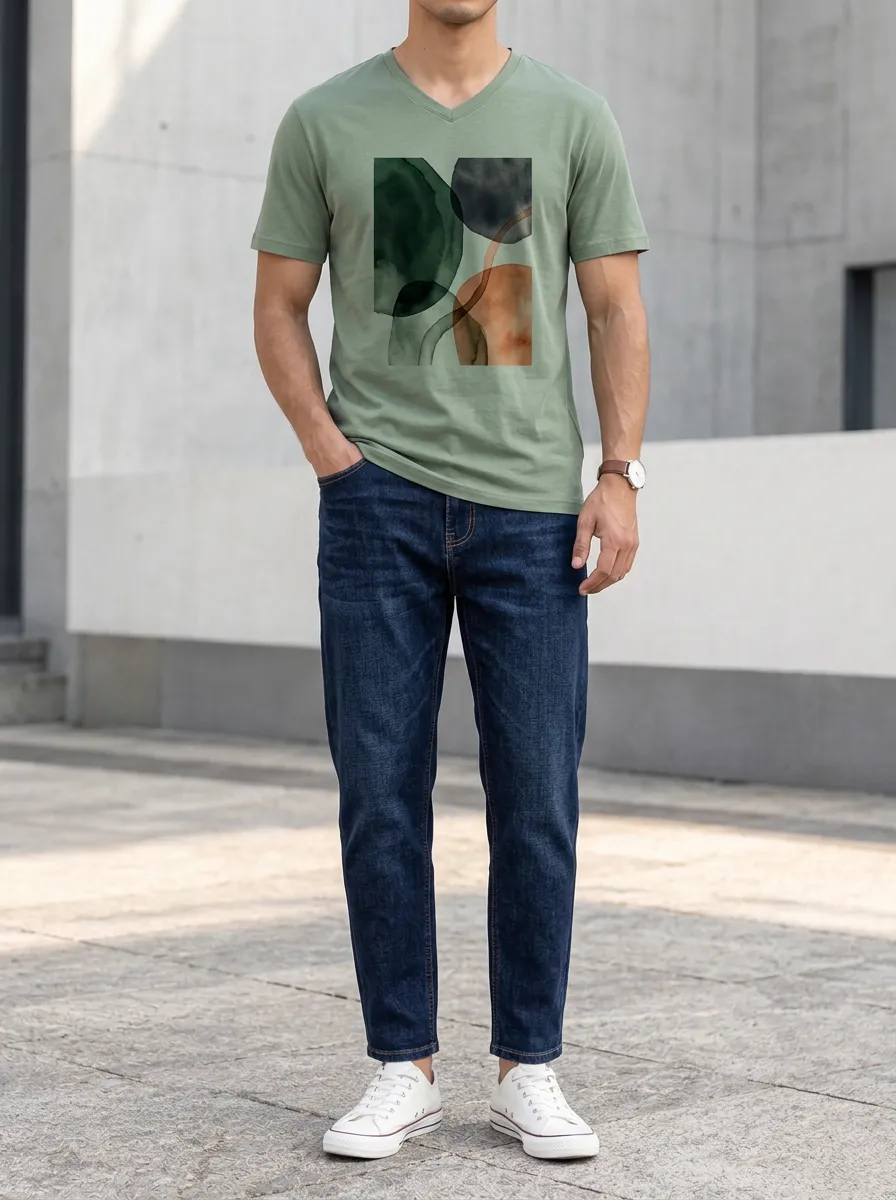 Men's Abstract Watercolor Geometric Printed V-Neck T-Shirt and Jeans Set