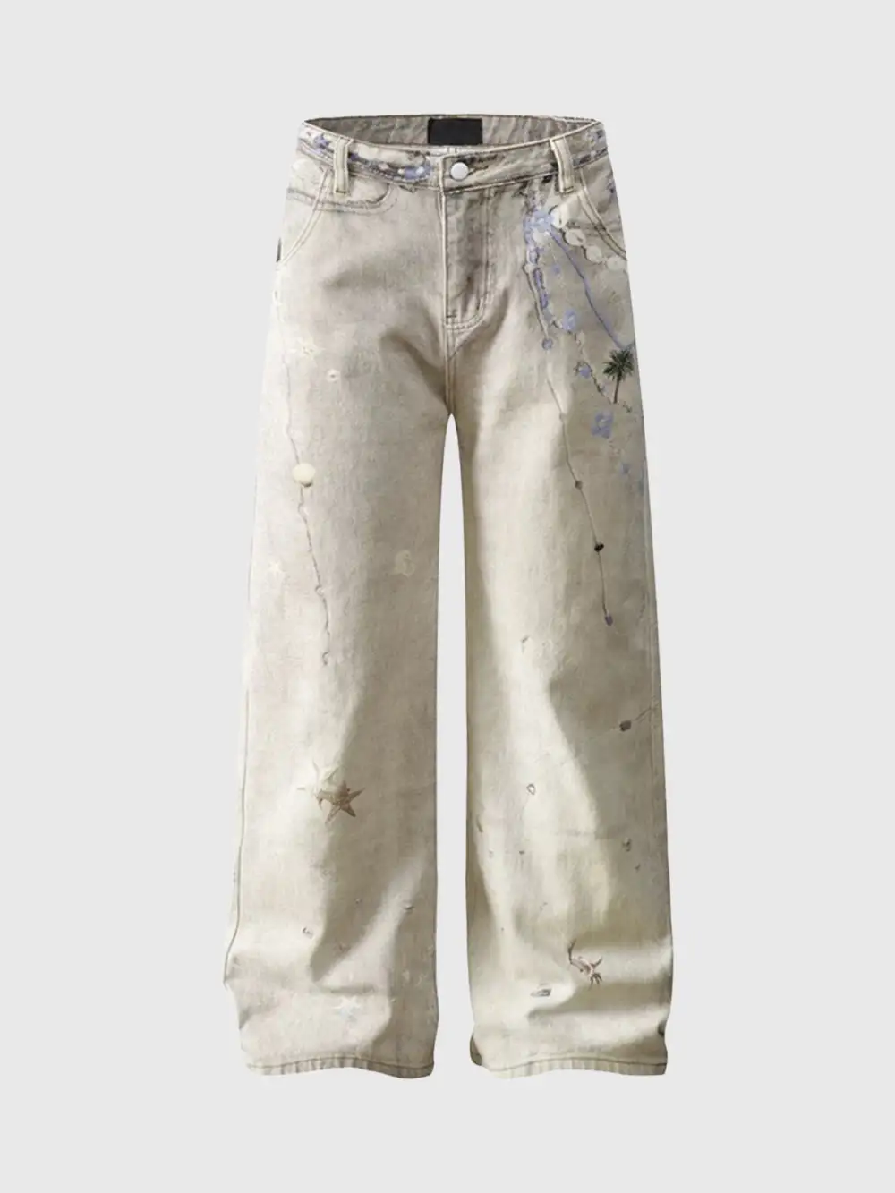 Wide-Leg Printed Distressed Pants