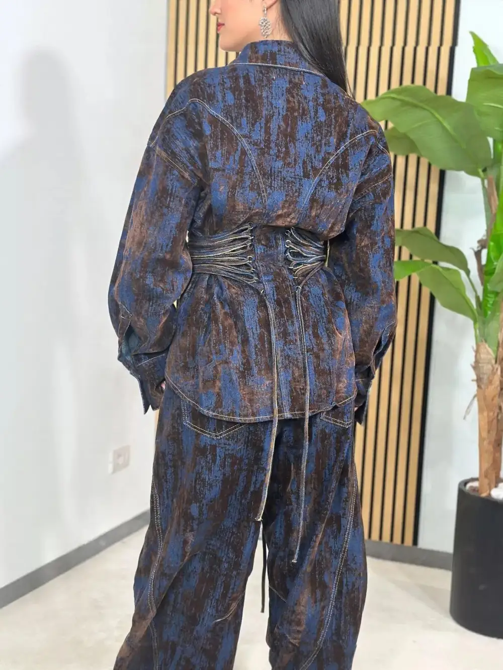 Button Lace Up Set Denim Pants