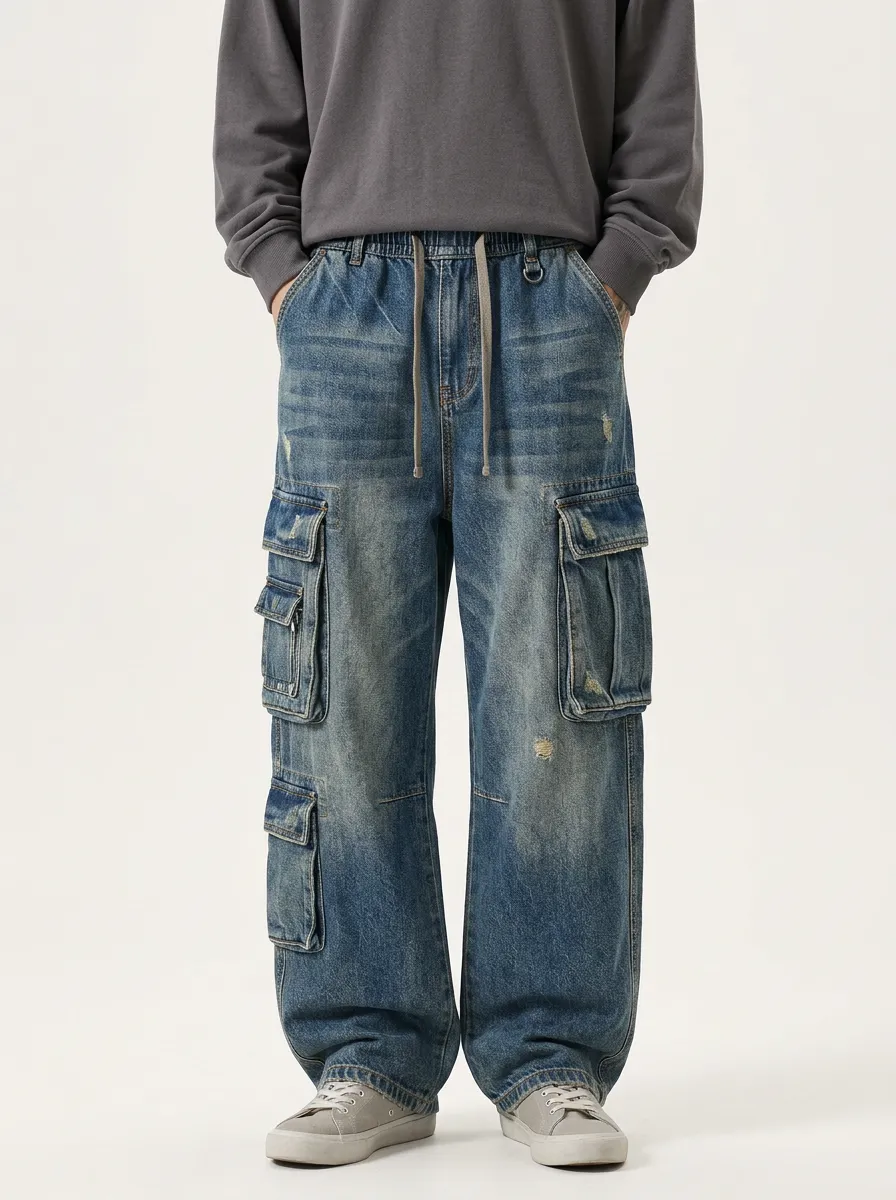 Men's Forge Streetwear Distressed Denim Multi-Pocket Cargo Jeans