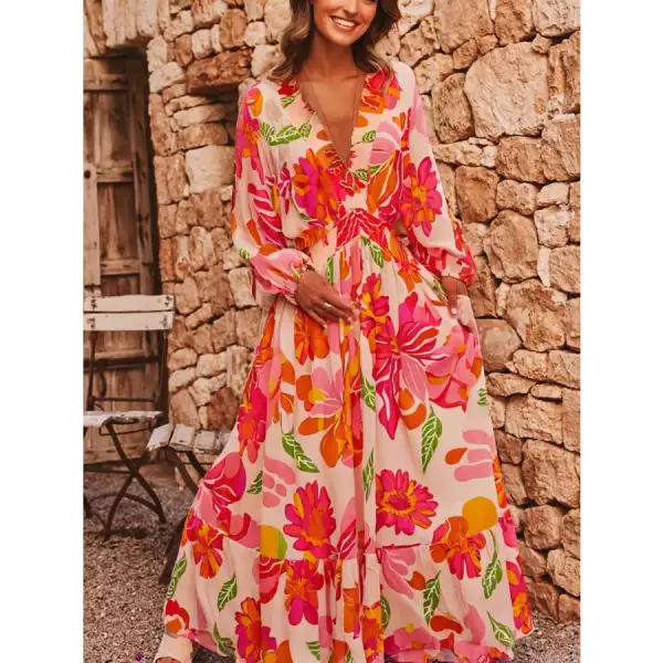 Smocked Floral Long Sleeve Maxi Dress