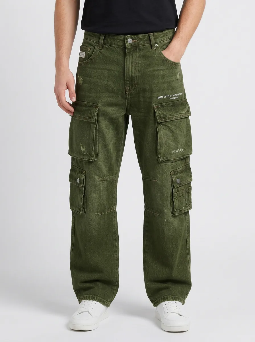 Men's Streetwear Distressed Denim Multi-Pocket Printed Cargo Jeans
