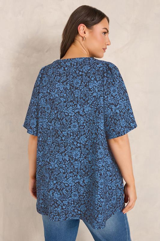 Navy Blue Floral Pleat Front Angel Sleeve Top detail 3