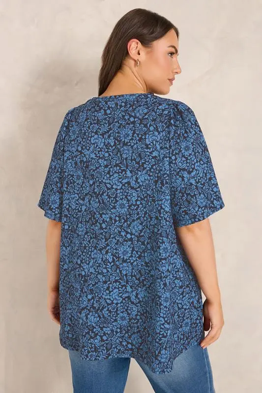 Navy Blue Floral Pleat Front Angel Sleeve Top