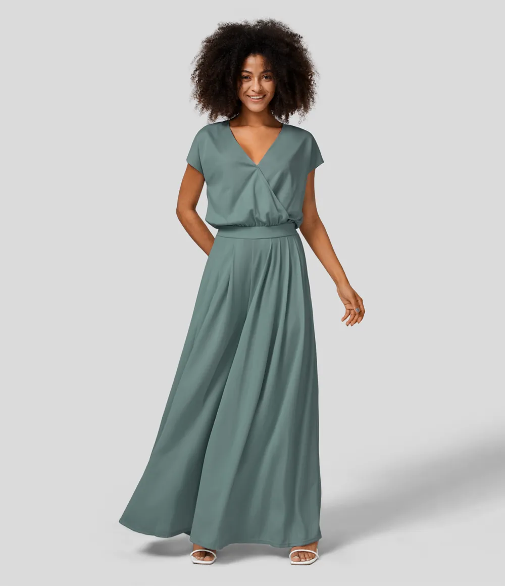 V Neck Short Sleeve Plicated Side Pocket Wide Leg Flowy Waffle Casual Jumpsuit